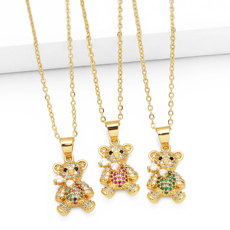 European and American cute bear necklace simple fashion inlaid zircon temperament colorful bear pendant clavicle chain nkq48