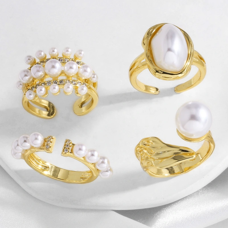 AS jewelry European and American copper plated 18k gold inlaid zircon pearl irregular open ring ring female riq53