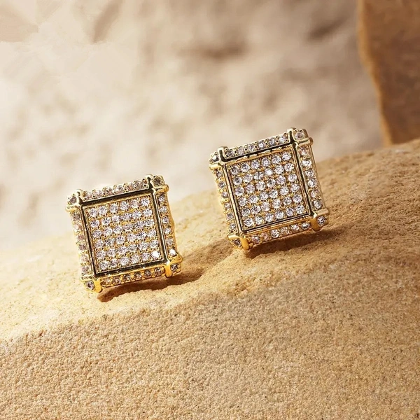 European and American popular square hip-hop earrings full of zircon micro-inlaid earrings men's trendy hiphop earrings