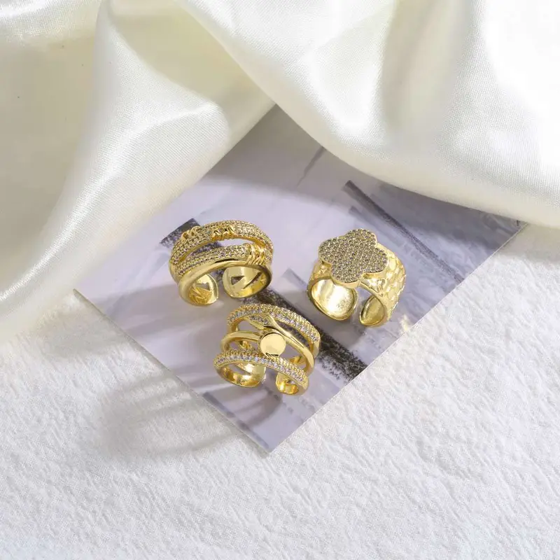 AS jewelry hot selling four-leaf clover full zirconium ring female copper plated 18k gold open ring rip14