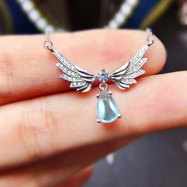  Korean exquisite wing angel necklace teardrop-shaped design imitation moonstone pendant niche sweet jewelry