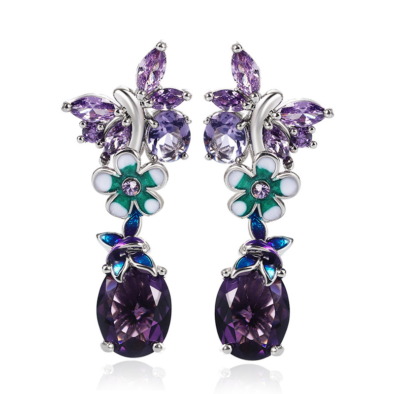 New oval purple zircon flower earrings for women European and American popular butterfly earrings for women
