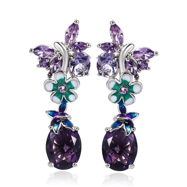 New oval purple zircon flower earrings for women European and American popular butterfly earrings for women