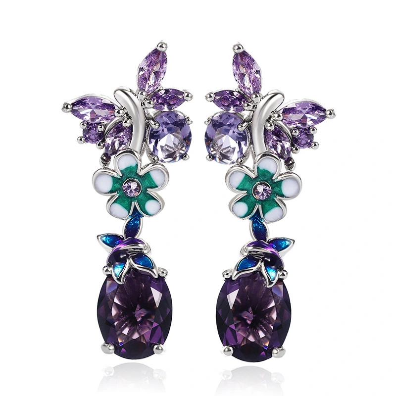 New oval purple zircon flower earrings for women European and American popular butterfly earrings for women