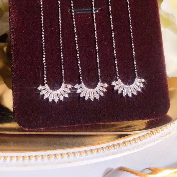 New clavicle chain copper inlaid T square zircon fan-shaped pendant necklace Valentine's Day gift for girlfriend