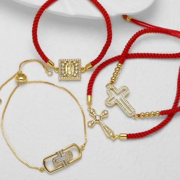 AS jewelry new red rope bracelet inlaid zircon cross Our Lady copper plated real gold hand jewelry bracelet brj49