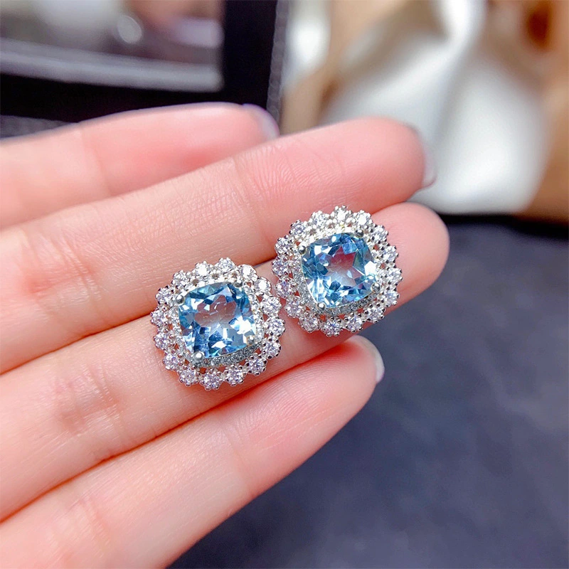 Internet celebrity live jewelry set luxury colored zircon necklace sea blue earrings and ring set