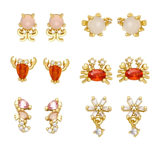 European and American Internet celebrity small ocean style earrings cute diamond seahorse crab lobster jellyfish earrings female erz72