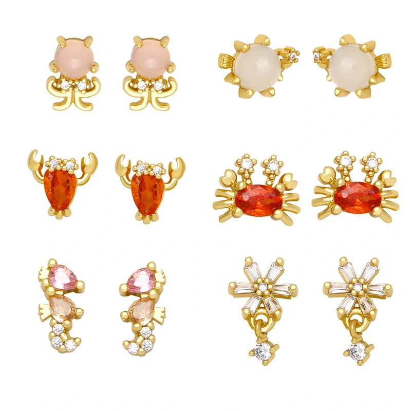 European and American Internet celebrity small ocean style earrings cute diamond seahorse crab lobster jellyfish earrings female erz72