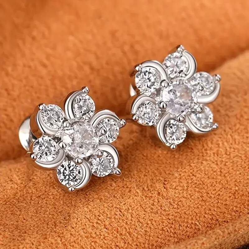 Temperament super flash zircon earrings flower design earrings light luxury snowflake flower classic earrings jewelry