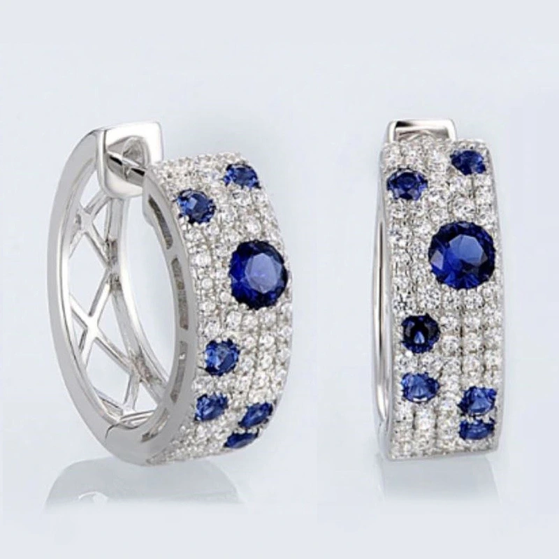Korean blue and white diamond earrings, round micro-inlaid zircon, exquisite ear clips, popular online live broadcast, all-match earrings