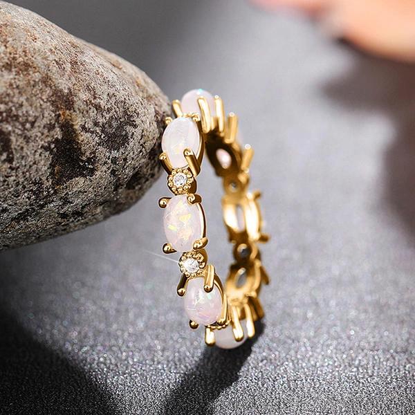 Popular bridal small oval ring imitation white fire opal stacking ring full circle design