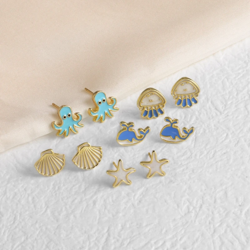 AS jewelry hot selling ocean wind drop oil shell octopus earrings copper plated 18k gold whale earrings erv42