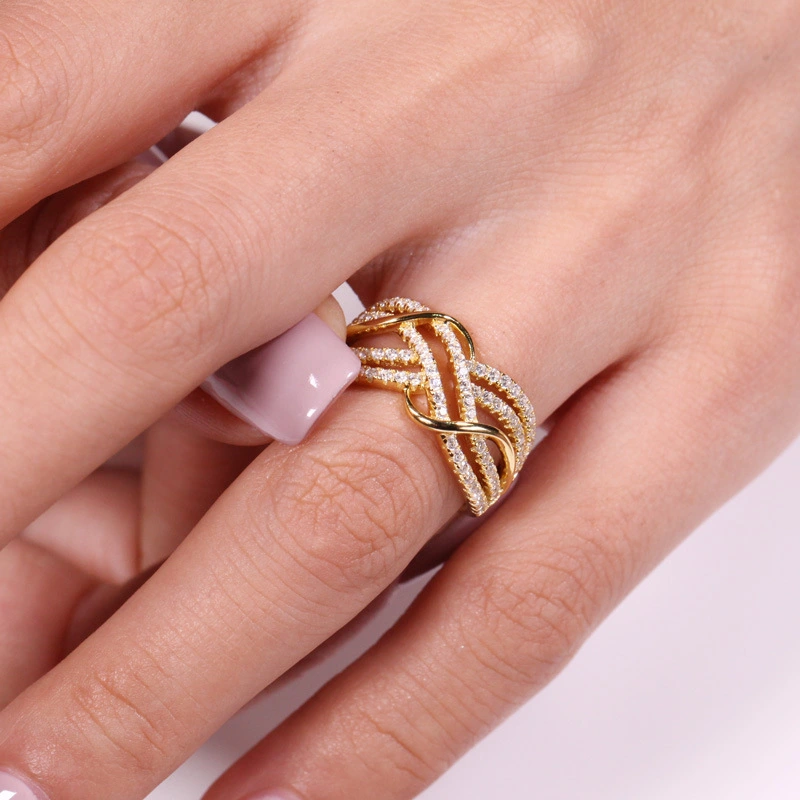 Light luxury high-end wave multi-layer line diamond ring female personality niche banquet exaggerated hollow ring