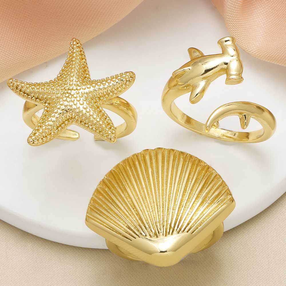 AS jewelry new hot selling starfish shell open ring female copper plated 18k gold shark ring rih59