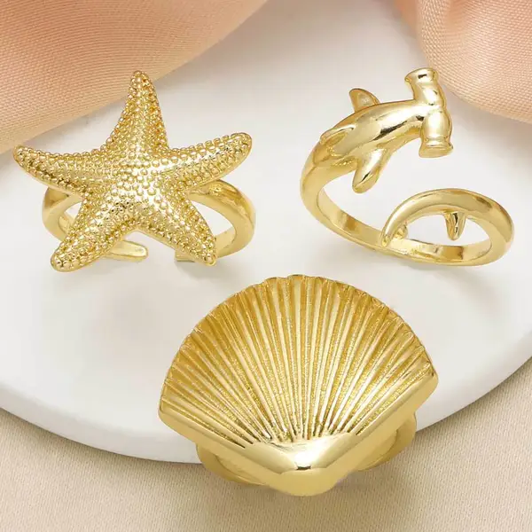 AS jewelry new hot selling starfish shell open ring female copper plated 18k gold shark ring rih59