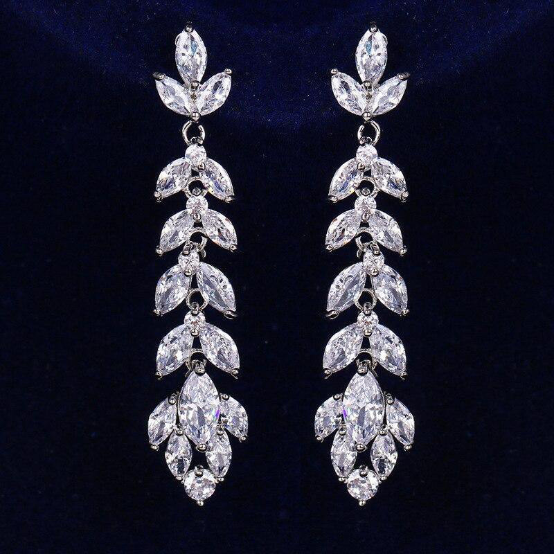 Long, elegant and slim earrings with flowers and leaves, full of zircon earrings, elegant European and American style earrings