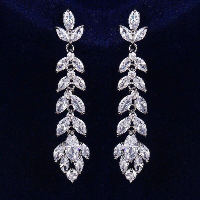 Long, elegant and slim earrings with flowers and leaves, full of zircon earrings, elegant European and American style earrings