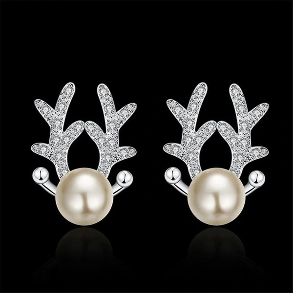  Elk antler Christmas earrings for women, sweet and exquisite princess holiday accessories, imitation pearl zircon jewelry