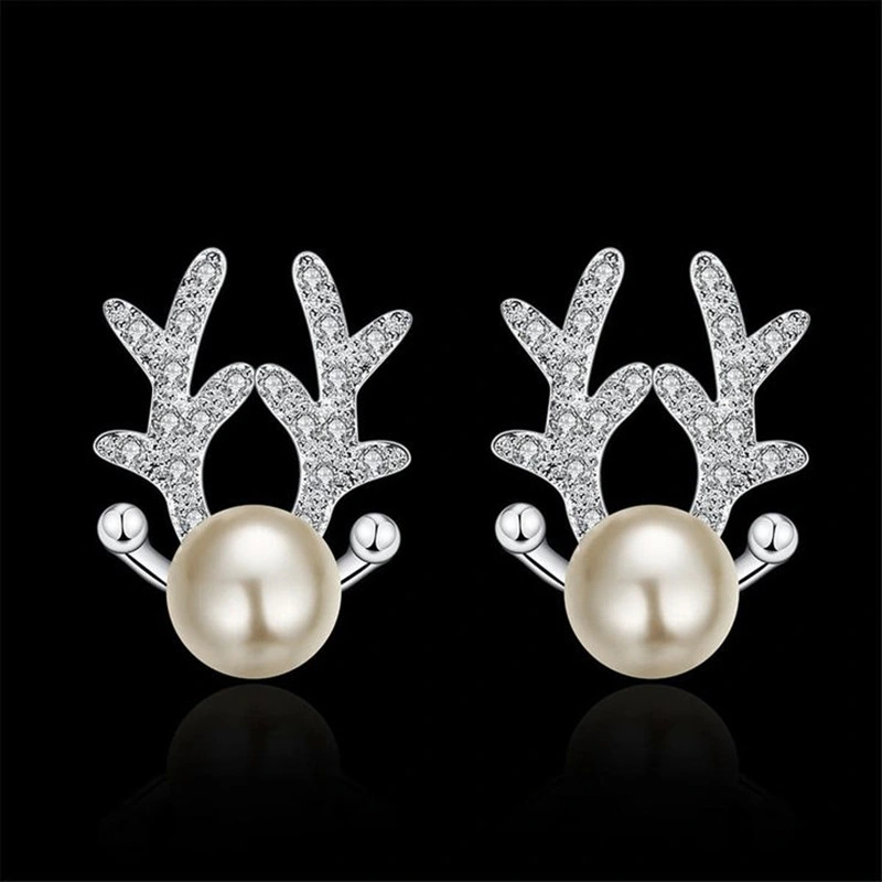  Elk antler Christmas earrings for women, sweet and exquisite princess holiday accessories, imitation pearl zircon jewelry