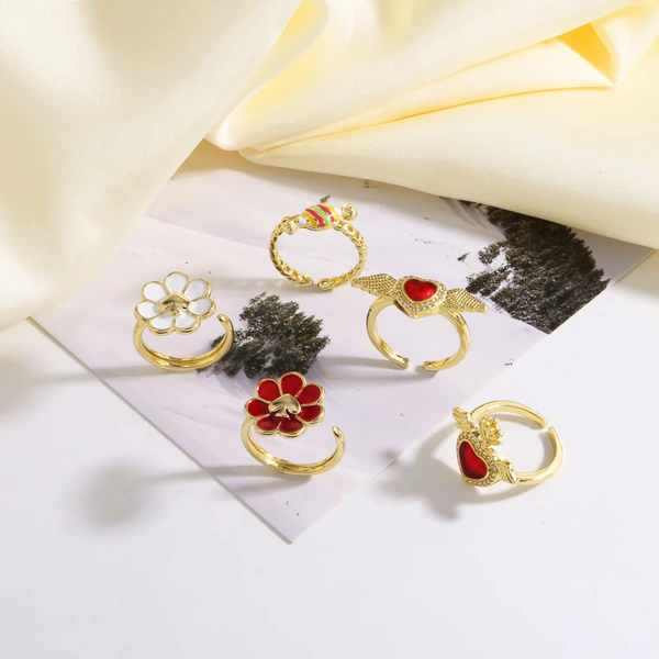 AS jewelry European and American hot-selling copper-plated real gold love wings flower oil drop open ring female riq90