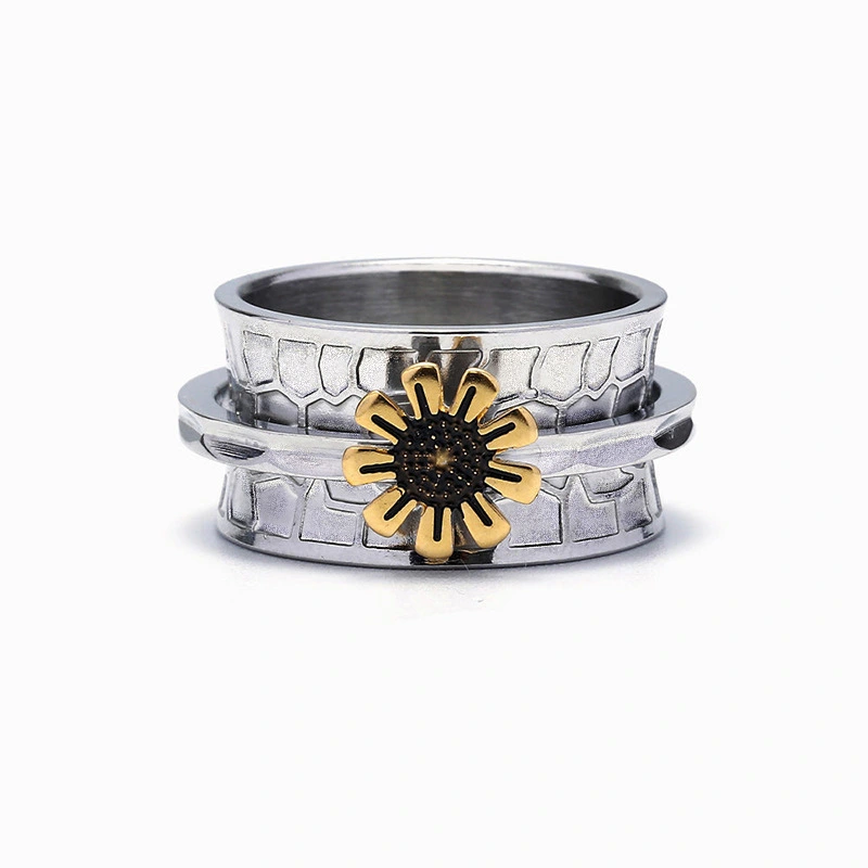   Hot selling creative accessories stacked wide version sunflower ring sunflower two-color men's and women's ring