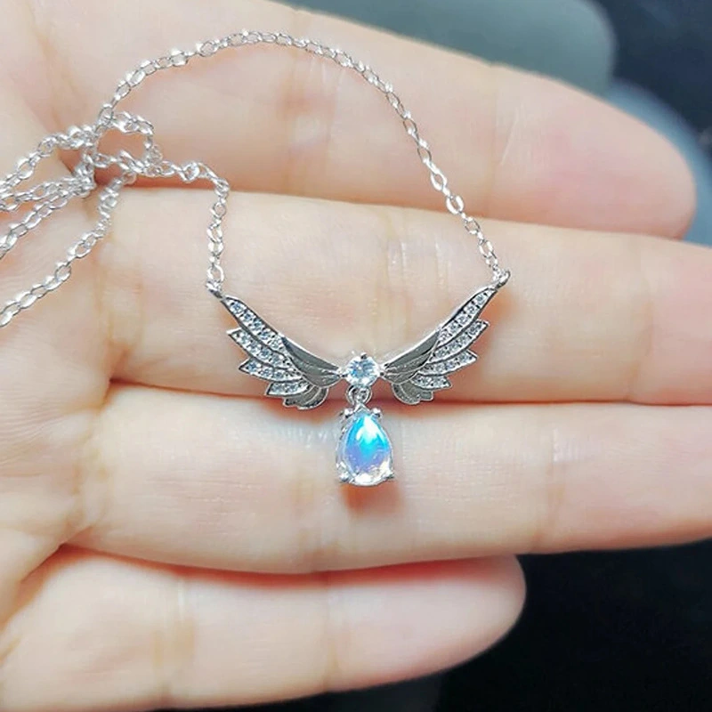  Korean exquisite wing angel necklace teardrop-shaped design imitation moonstone pendant niche sweet jewelry