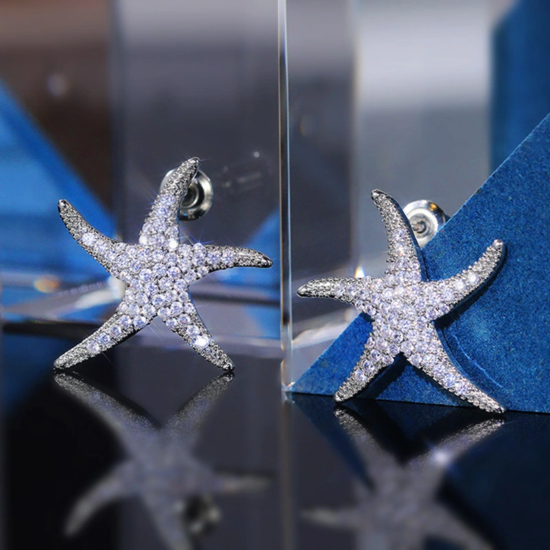 Japanese and Korean new sweet full diamond zircon starfish earrings fashionable all-match ladies earrings ear jewelry wholesale
