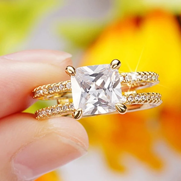   Hot selling double crown ring European and American square trendy princess jewelry super shiny four claw ring