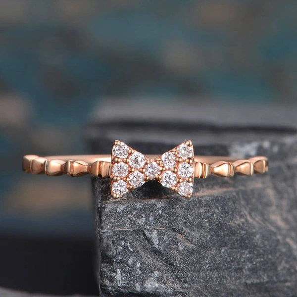  Fashionable new women's bow ring copper plated rose gold inlaid zircon prom party ring jewelry