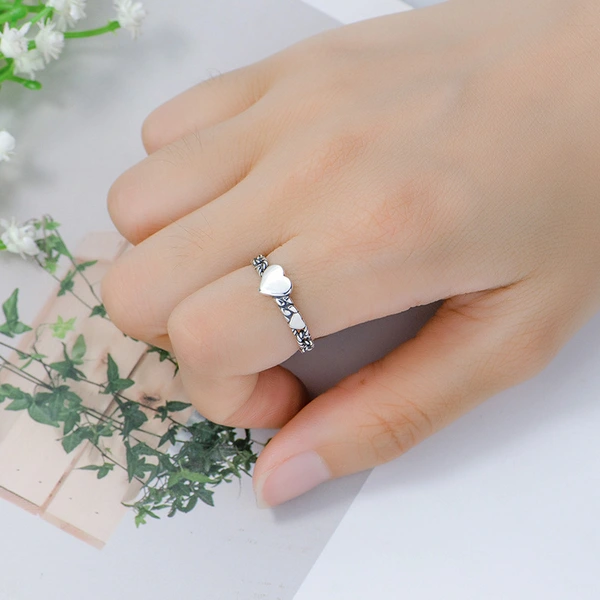  Opening adjustable fashion personality ring size love double peach heart ring heart-shaped ancient silver single ring