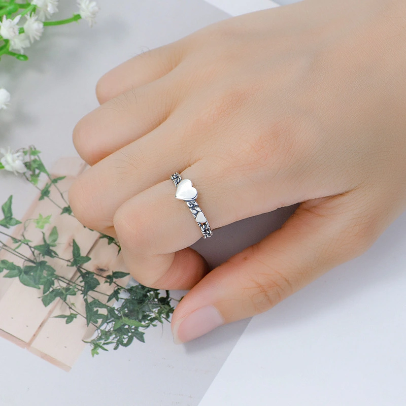  Opening adjustable fashion personality ring size love double peach heart ring heart-shaped ancient silver single ring