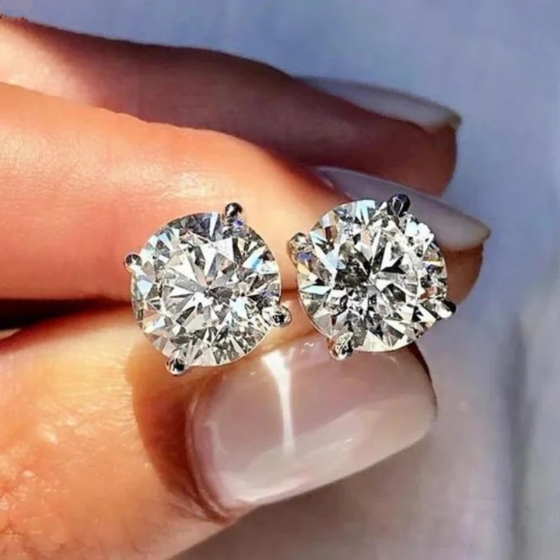 European and American hot-selling earrings classic four-claw round diamond zircon earrings for women simple and versatile single diamond earrings