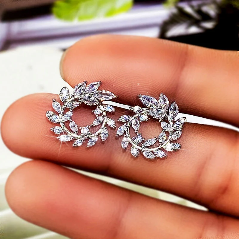 Live streaming celebrity hot-selling earrings, luxurious full diamond micro-inlaid leaf olive branch earrings, factory wholesale