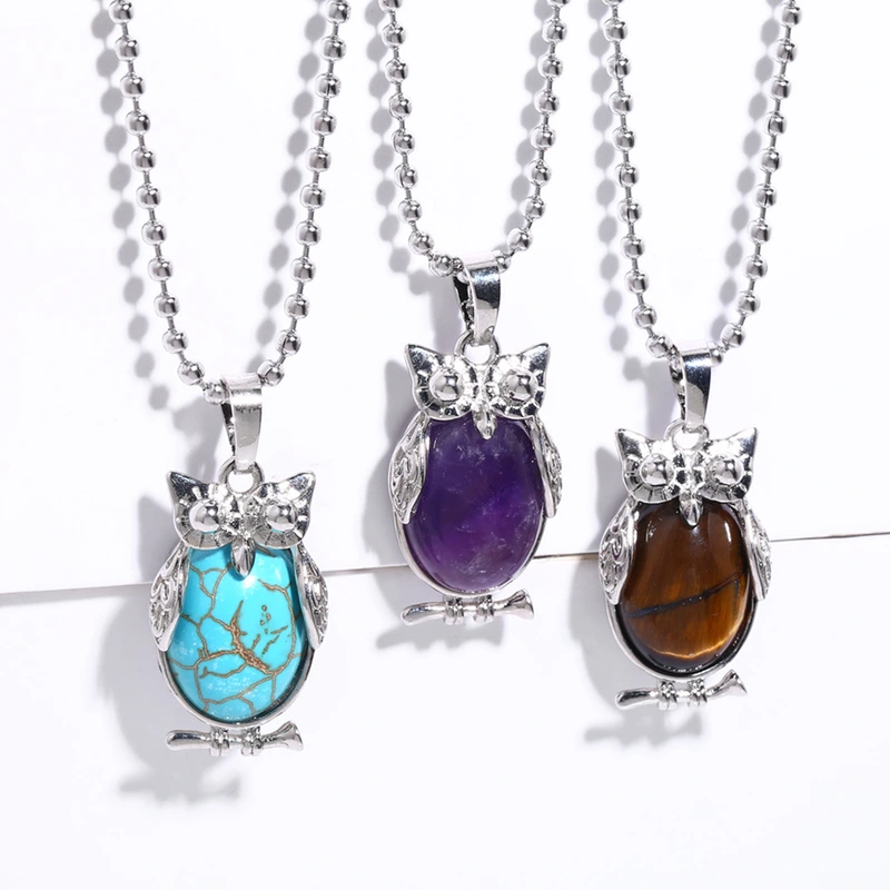 Hot selling crystal agate owl necklace retro punk style owl pendant silver sweater chain nkb660