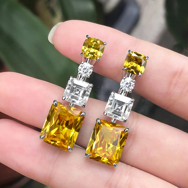 2024 European and American new earrings light luxury emerald cut zircon earrings female internet celebrity style personality earrings