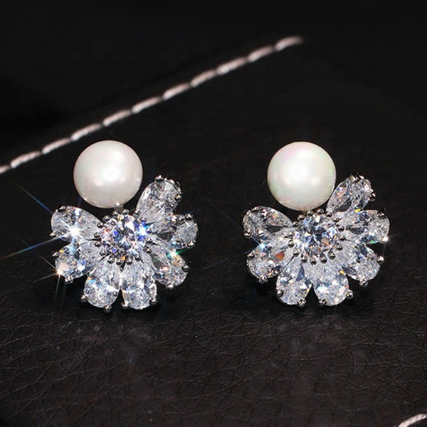 Korean style simple new earrings exquisite snowflake zircon imitation pearl earrings high-end lady temperament earrings