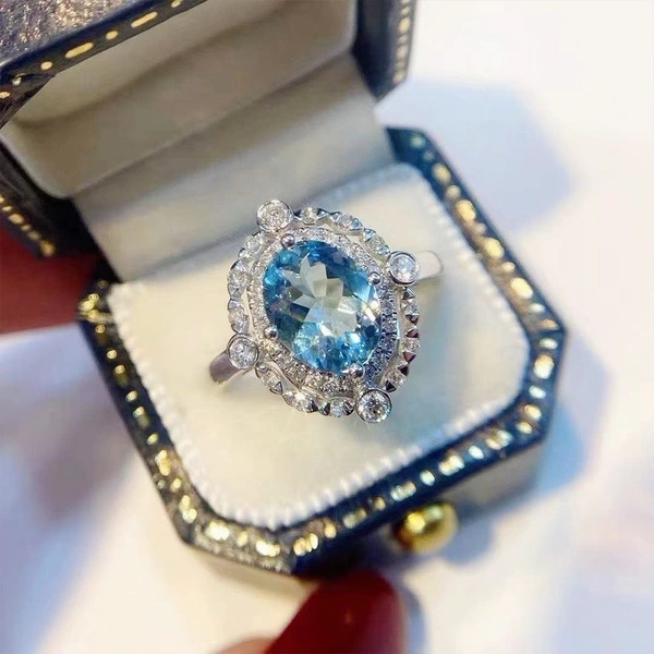 Kuaishou live broadcast welfare model light luxury sea blue zircon flower ring popular engagement ring for women