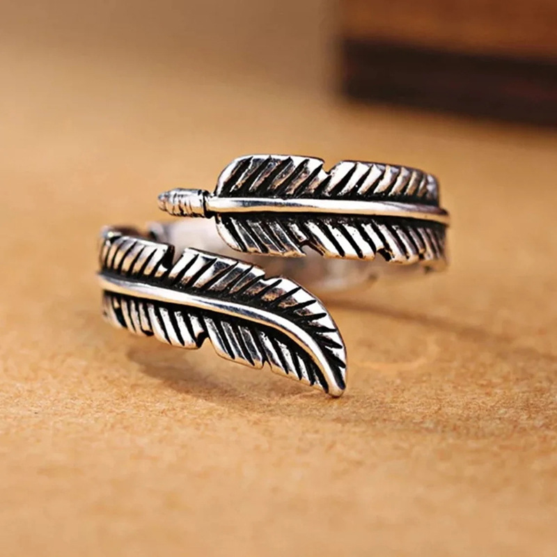  New feather leaf ring opening adjustable retro old index finger ring texture personality ring ring
