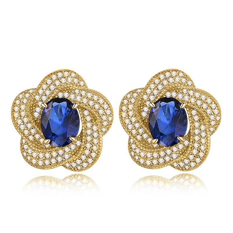  European and American imitation Tanzanite blue earrings egg-shaped temperament celebrity round face flower earrings retro style earrings