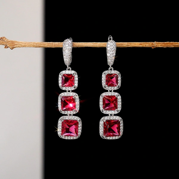 European and American shiny square zircon earrings for women, light luxury high-end zircon colored gemstone long earrings, factory direct sales