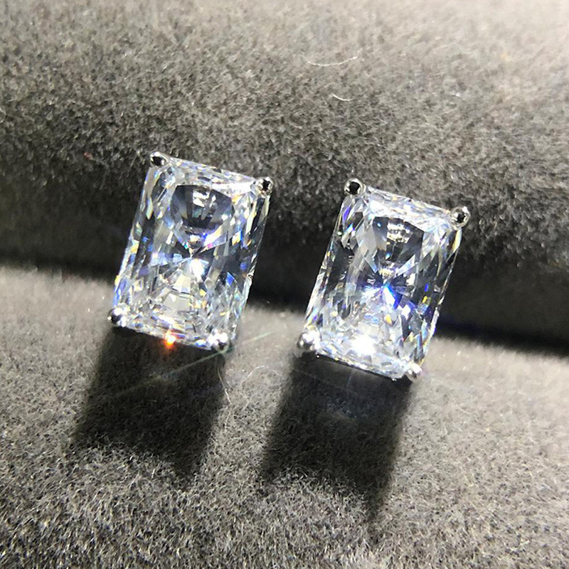 2021 new earrings classic four-claw square diamond zircon earrings copper plated white gold simple earrings