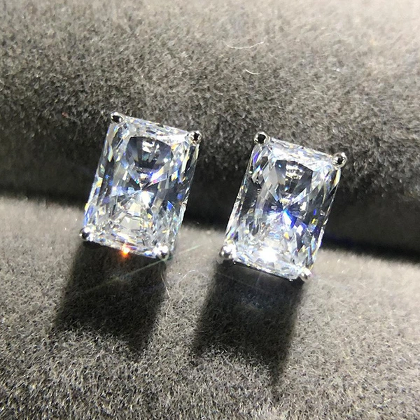 2021 new earrings classic four-claw square diamond zircon earrings copper plated white gold simple earrings