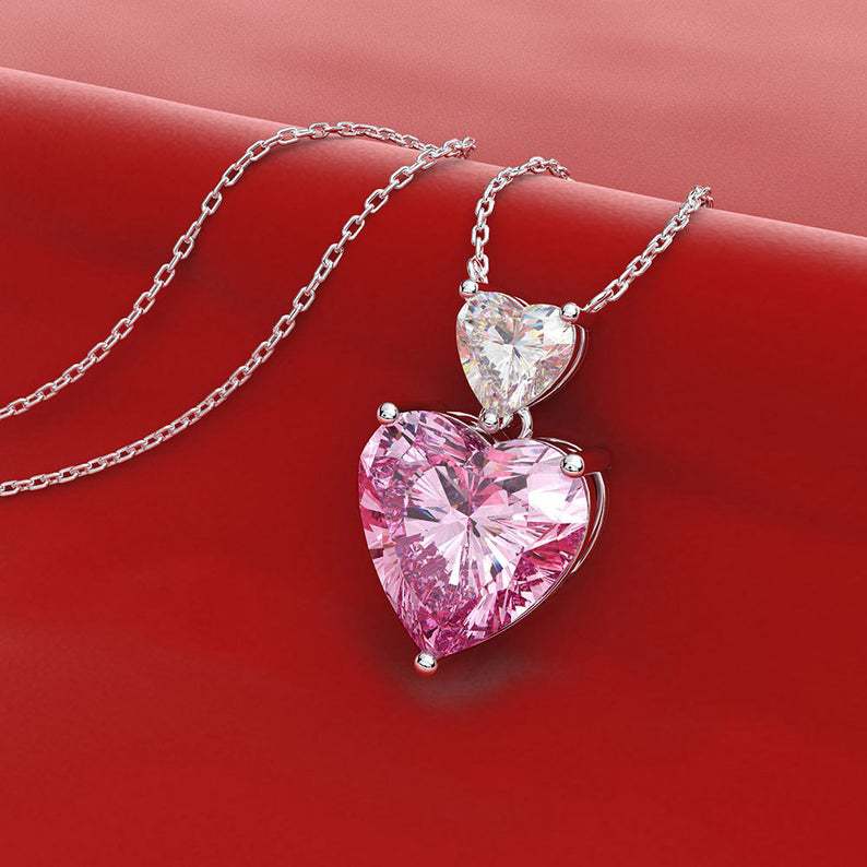 Korean style double heart pink diamond women's necklace cute peach heart zircon small pendant colored gem love pendant
