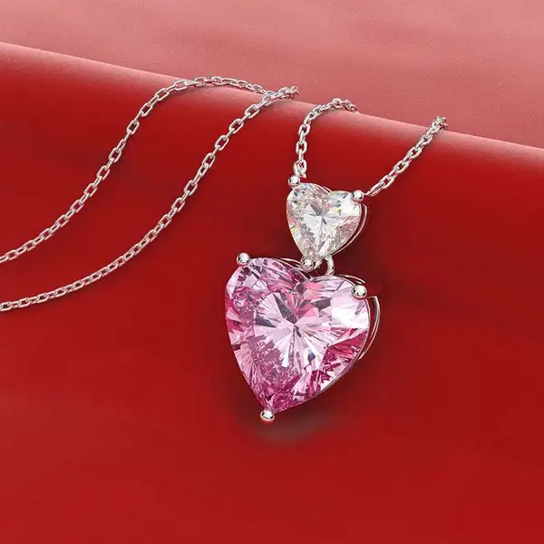 Korean style double heart pink diamond women's necklace cute peach heart zircon small pendant colored gem love pendant