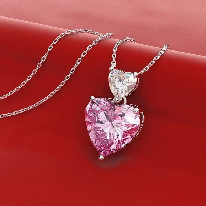 Korean style double heart pink diamond women's necklace cute peach heart zircon small pendant colored gem love pendant