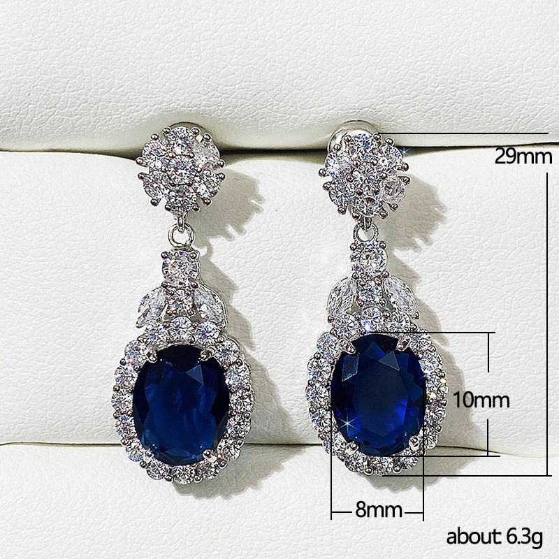 New style earrings European and American simple oval sapphire blue zircon earrings simulation women's jewelry wholesale