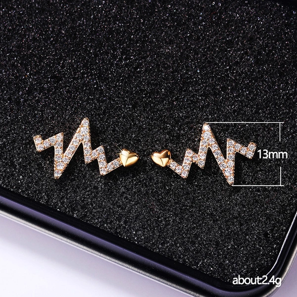 Creative electrocardiogram heartbeat earrings, new style inlaid zircon heartbeat earrings, simple and fashionable zircon lightning earrings