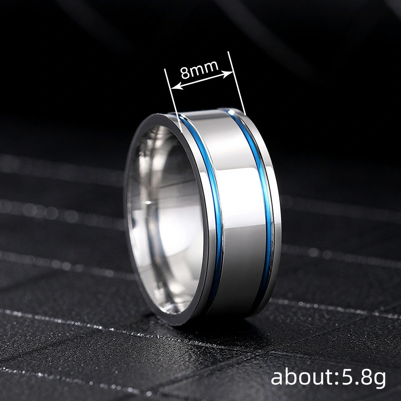  Sweet and cool simple stainless steel ring with blue embellishment line design, fashionable and cool style, popular online celebrity style