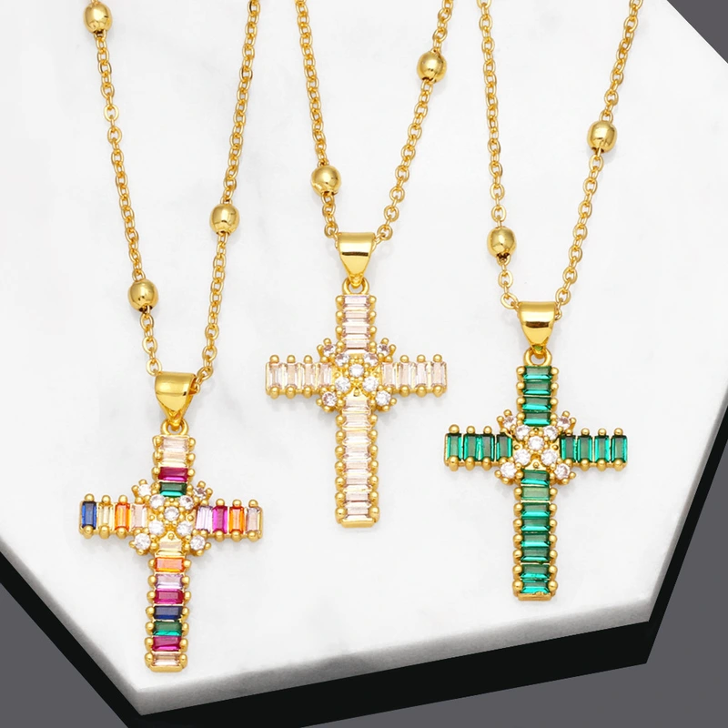 European and American jewelry style fashion micro-inlaid colored zircon geometric cross pendant necklace for women nkb412